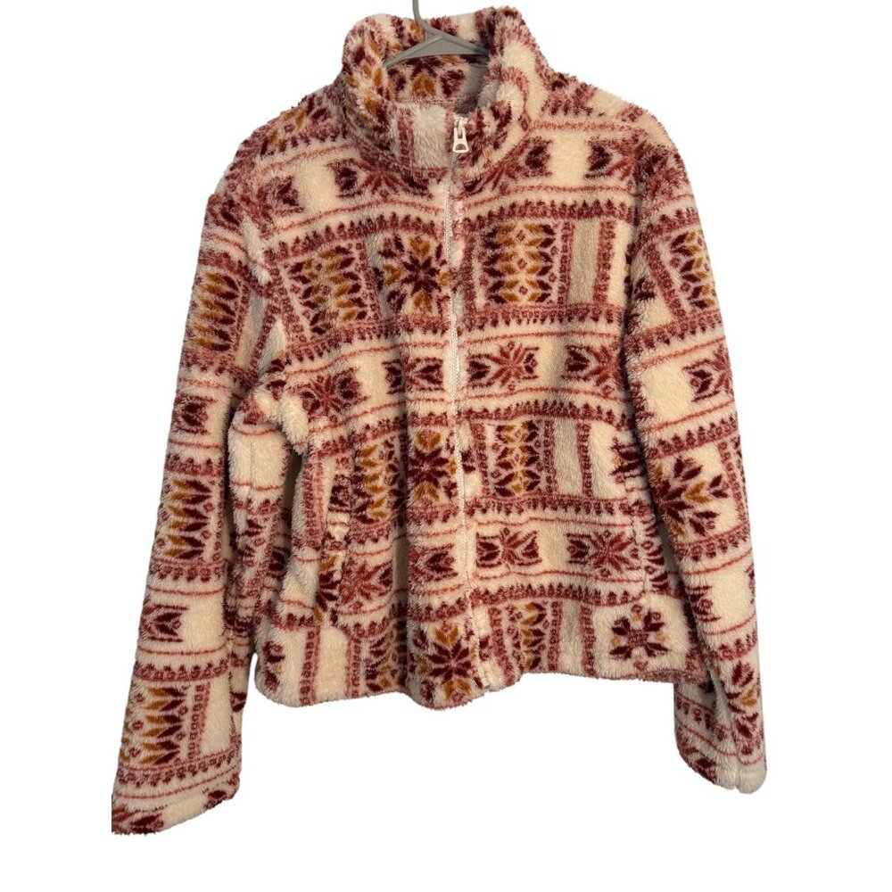 NWT Wear Lucky Nordic Fair Isle Sherpa Fleece Zip Jacket Cream Red M MSRP $169 - Picture 2 of 4